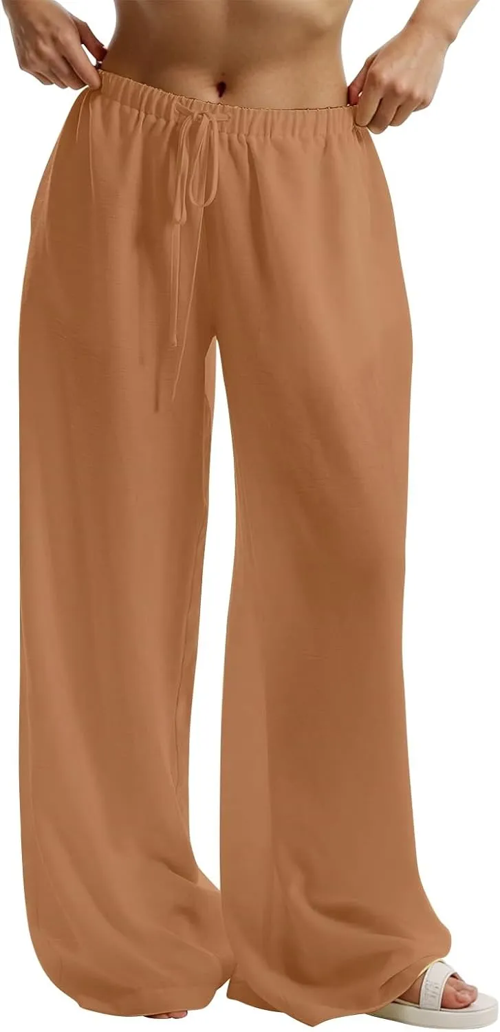 Wide Leg Pants Woman Summer Low Rise Drawstring Palazzo Pants Baggy Comfy Lightweight Boho Beach Trouser with Pockets
