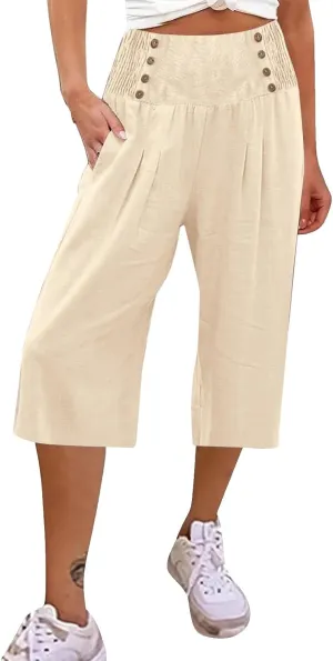 Wide Leg Work Pants for Women Pants Elastic Waist Summer Trousers 3/4 Length Pants with High Linen Pants for Women