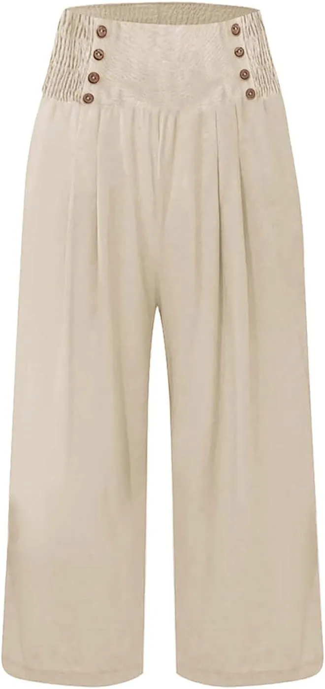 Wide Leg Work Pants for Women Pants Elastic Waist Summer Trousers 3/4 Length Pants with High Linen Pants for Women