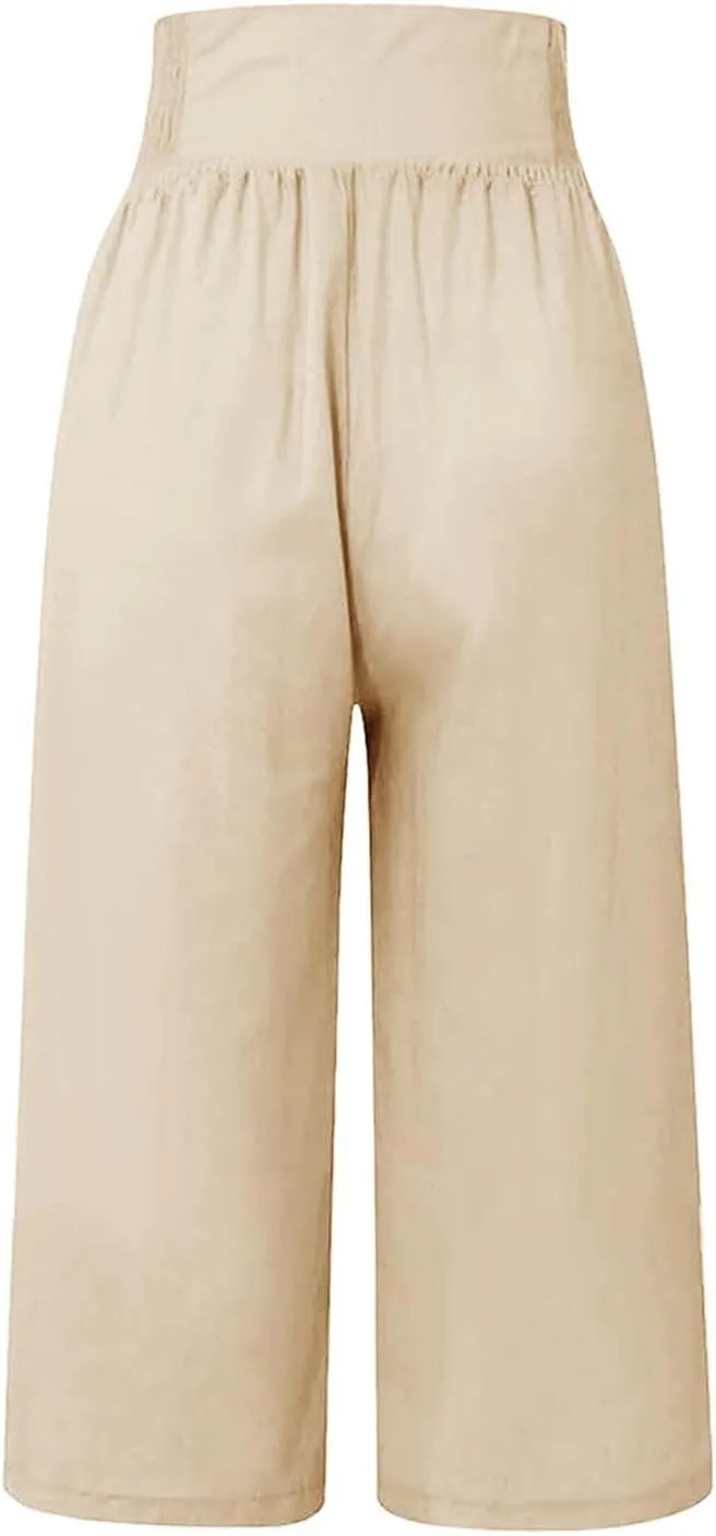 Wide Leg Work Pants for Women Pants Elastic Waist Summer Trousers 3/4 Length Pants with High Linen Pants for Women