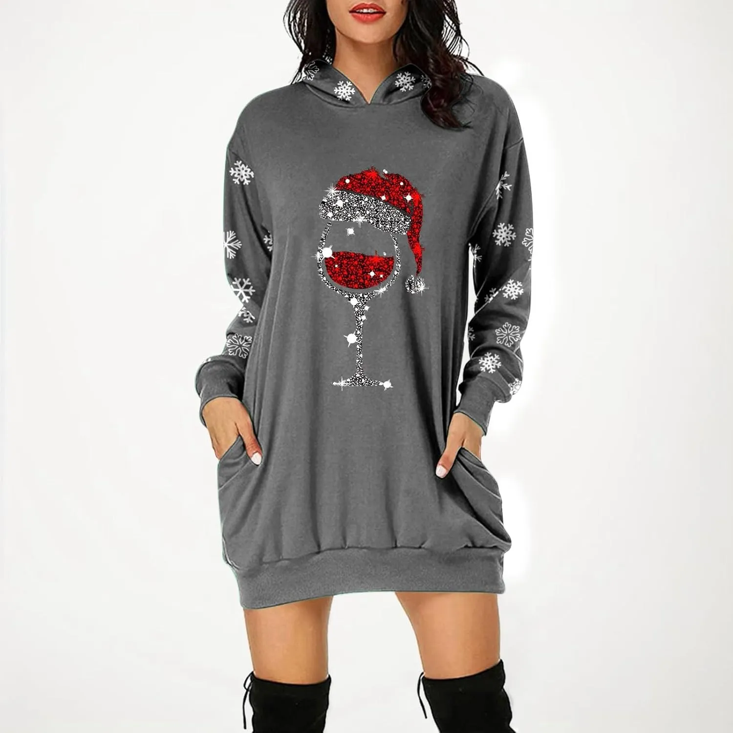 Women 2024 Christmas Hoodies Dress Long Sleeve Red Wine Glass Print Sweatshirt Tunic Oversized Xmas Hooded Party Dress
