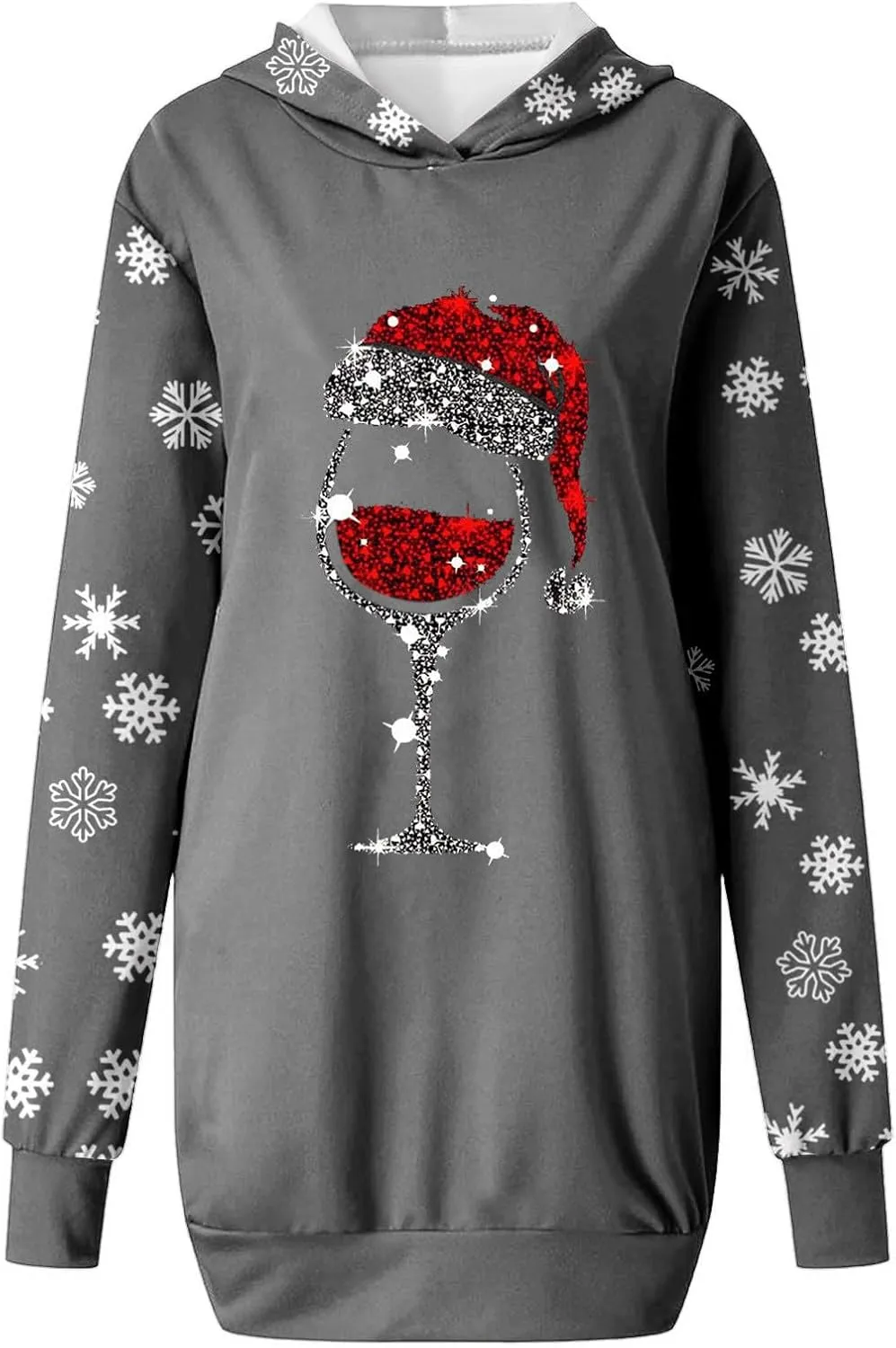Women 2024 Christmas Hoodies Dress Long Sleeve Red Wine Glass Print Sweatshirt Tunic Oversized Xmas Hooded Party Dress