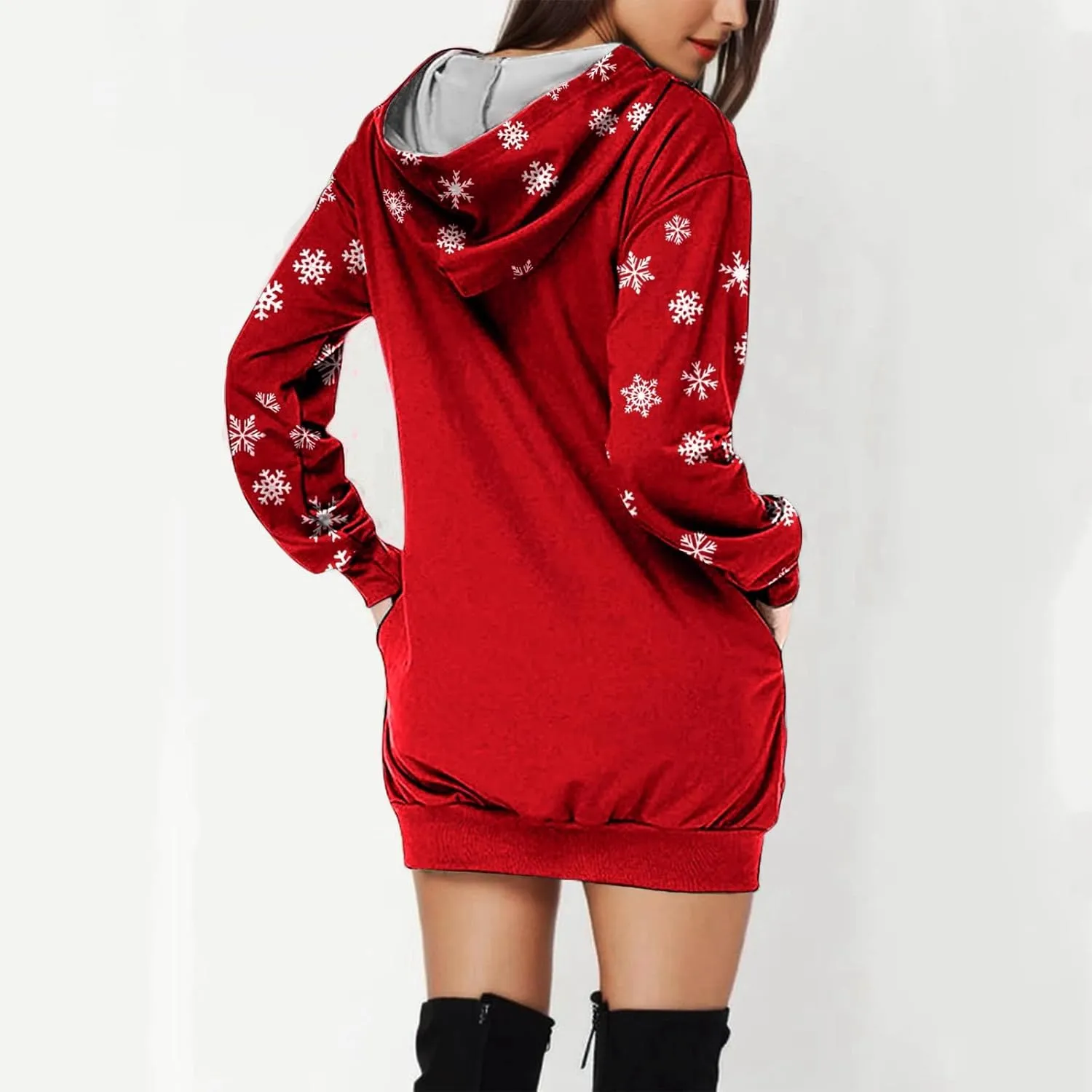 Women 2024 Christmas Hoodies Dress Long Sleeve Red Wine Glass Print Sweatshirt Tunic Oversized Xmas Hooded Party Dress