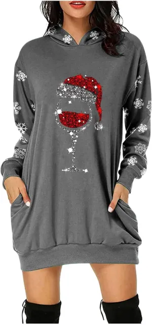Women 2024 Christmas Hoodies Dress Long Sleeve Red Wine Glass Print Sweatshirt Tunic Oversized Xmas Hooded Party Dress