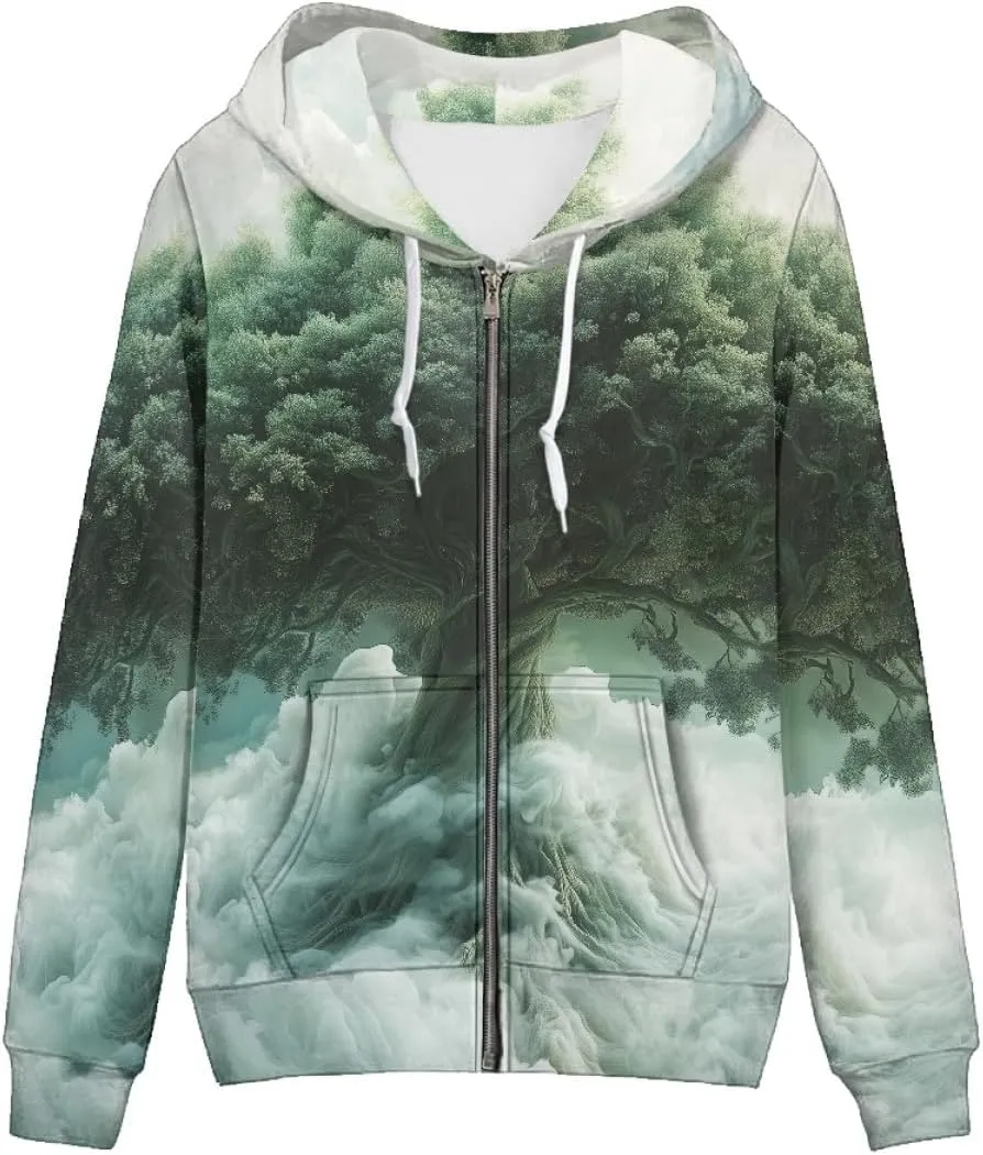 Women 3D Digital Print Viking Life Tree Zip Up Hoodie Hoodies Pullover Sweatshirt