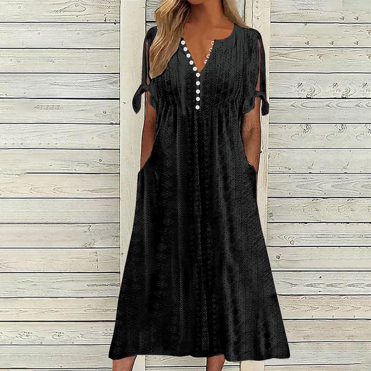 Women Boho Dresses V-Neck Short Sleeve Button Solid Sun Dress Hollow Eyelet Sundress 2025 Trendy Vacation Outfits