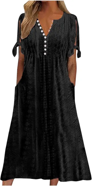 Women Boho Dresses V-Neck Short Sleeve Button Solid Sun Dress Hollow Eyelet Sundress 2025 Trendy Vacation Outfits
