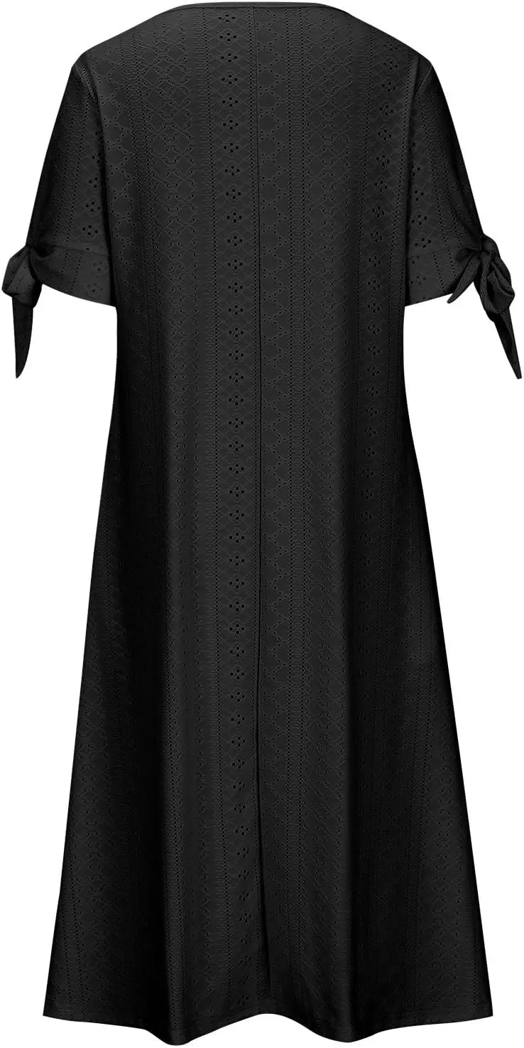 Women Boho Dresses V-Neck Short Sleeve Button Solid Sun Dress Hollow Eyelet Sundress 2025 Trendy Vacation Outfits
