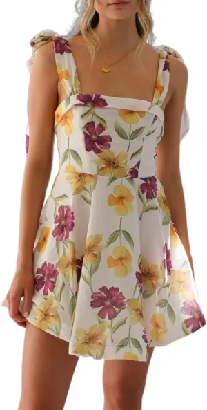 Women Boho Tie Shoulder Mini Dress Y2k Floral Spaghetti Strap Short Dress Flowy A Line Sundress Summer Streetwear