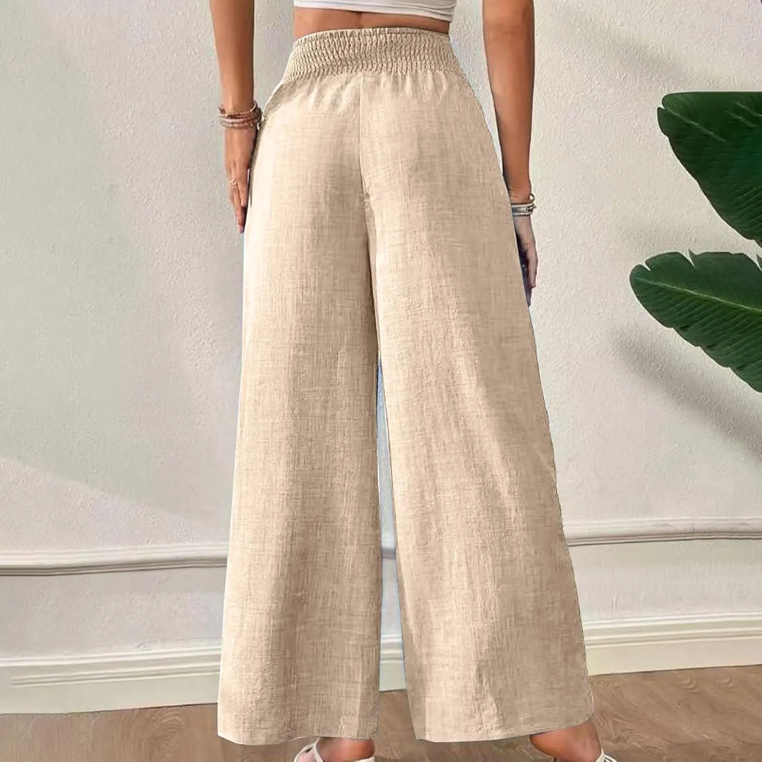 Women Cotton Linen Palazzo Pants High Waist Wide Leg Pants Summer Casual Joggers Elastic Waist Trousers