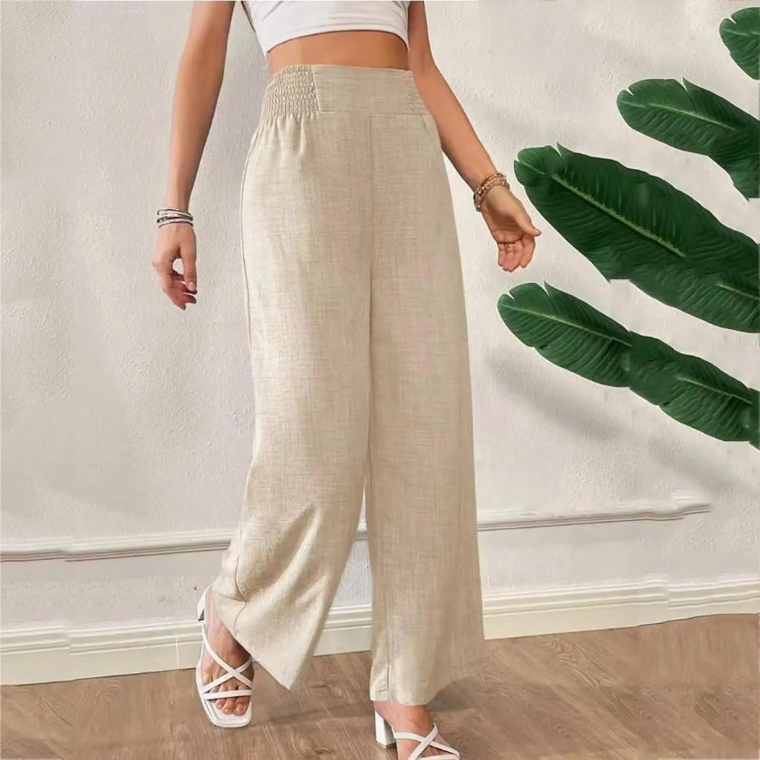 Women Cotton Linen Palazzo Pants High Waist Wide Leg Pants Summer Casual Joggers Elastic Waist Trousers