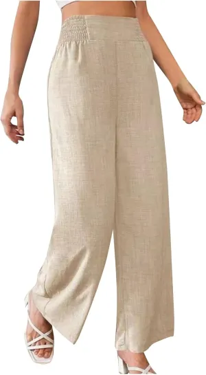 Women Cotton Linen Palazzo Pants High Waist Wide Leg Pants Summer Casual Joggers Elastic Waist Trousers
