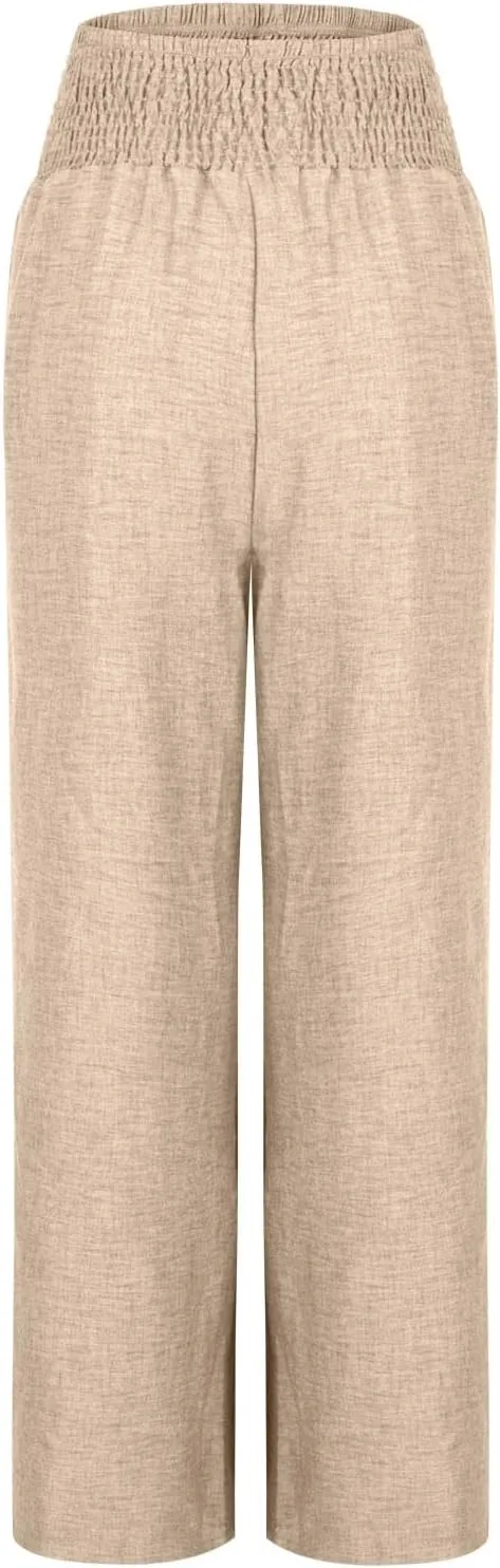 Women Cotton Linen Palazzo Pants High Waist Wide Leg Pants Summer Casual Joggers Elastic Waist Trousers