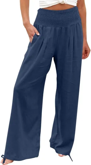 Women Cotton Linen Palazzo Pants Summer Boho Wide Leg High Waist Casual Lounge Pant 2025 Beach Travel Vacation Outfits