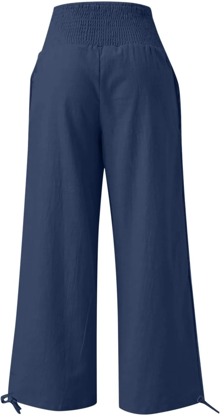 Women Cotton Linen Palazzo Pants Summer Boho Wide Leg High Waist Casual Lounge Pant 2025 Beach Travel Vacation Outfits