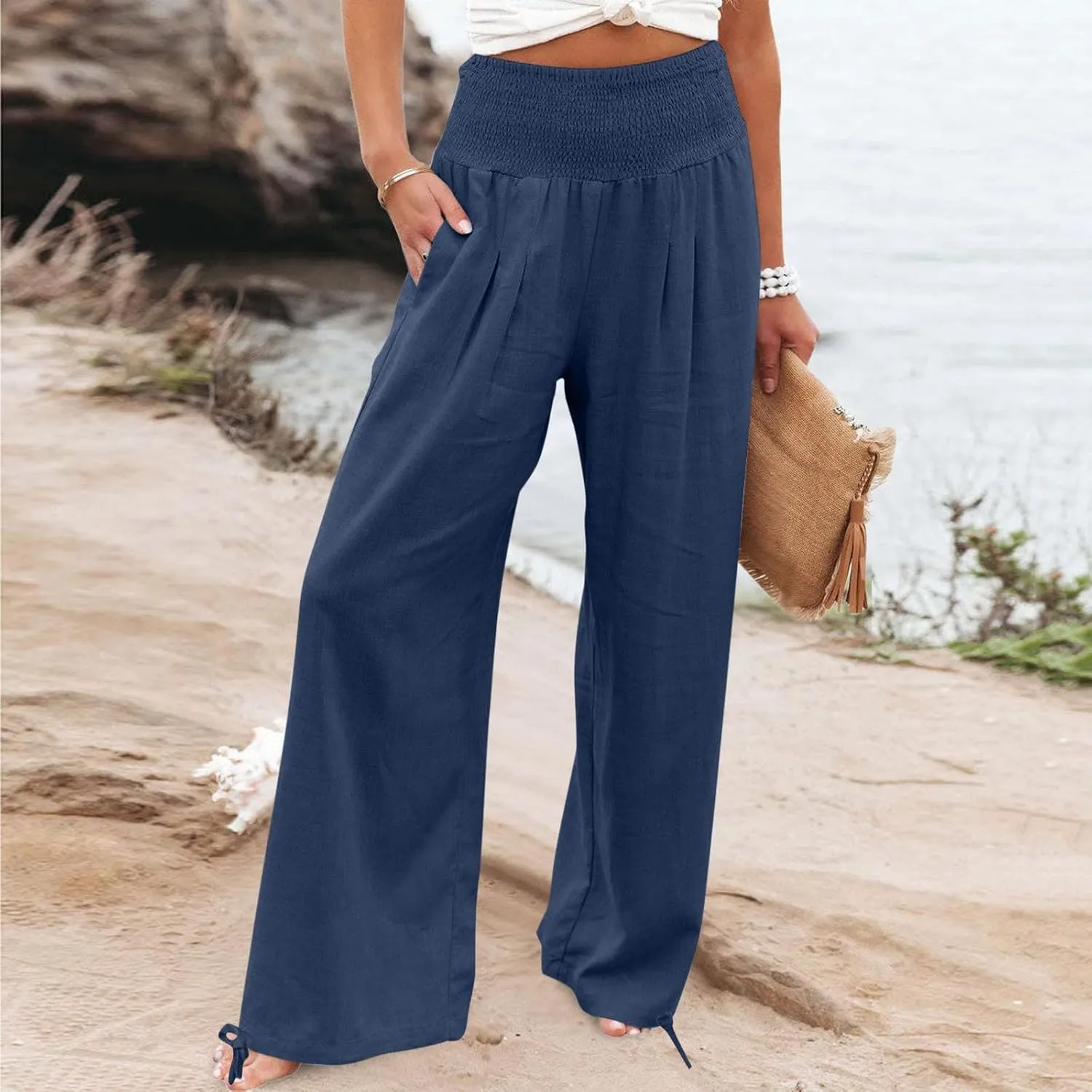 Women Cotton Linen Palazzo Pants Summer Boho Wide Leg High Waist Casual Lounge Pant 2025 Beach Travel Vacation Outfits
