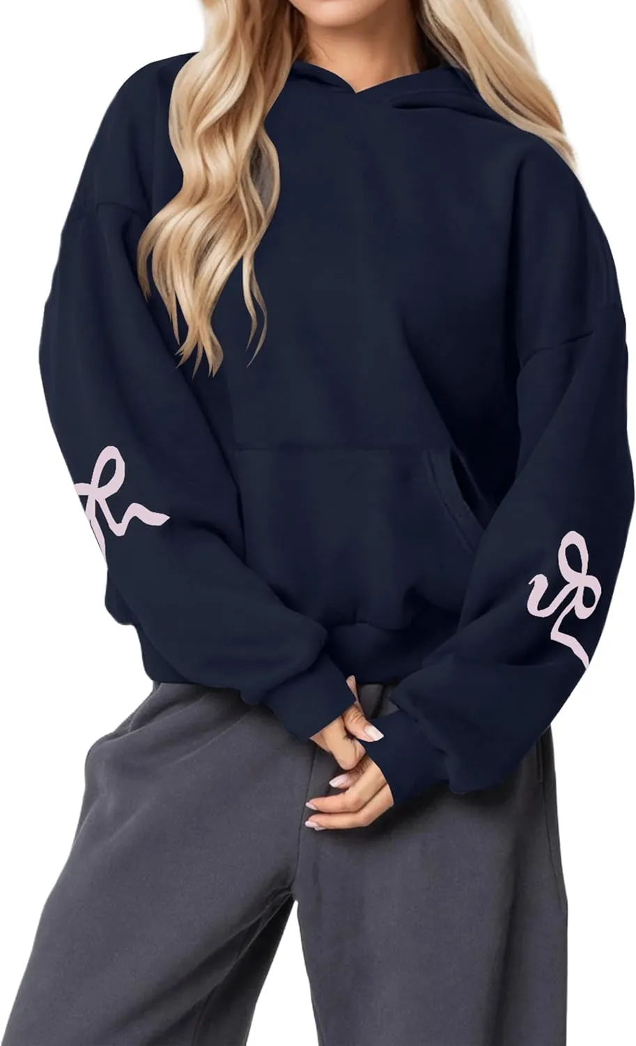 Women Cute Bow Hoodie Graphic Print Oversized Hooded Sweatshirts Long Sleeve Fleece Pullover Hoodie Tops with Pocket