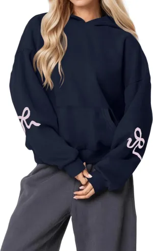 Women Cute Bow Hoodie Graphic Print Oversized Hooded Sweatshirts Long Sleeve Fleece Pullover Hoodie Tops with Pocket