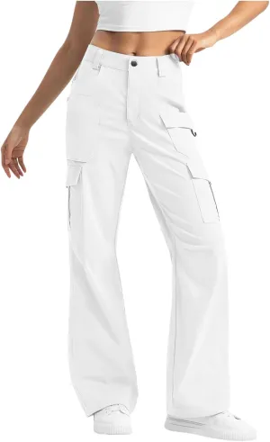 Women Dressy Cargo Pants Button High Waist Wide Leg Work Pant Lightweight Casual Outdoor Hiking Trouser with Pockets