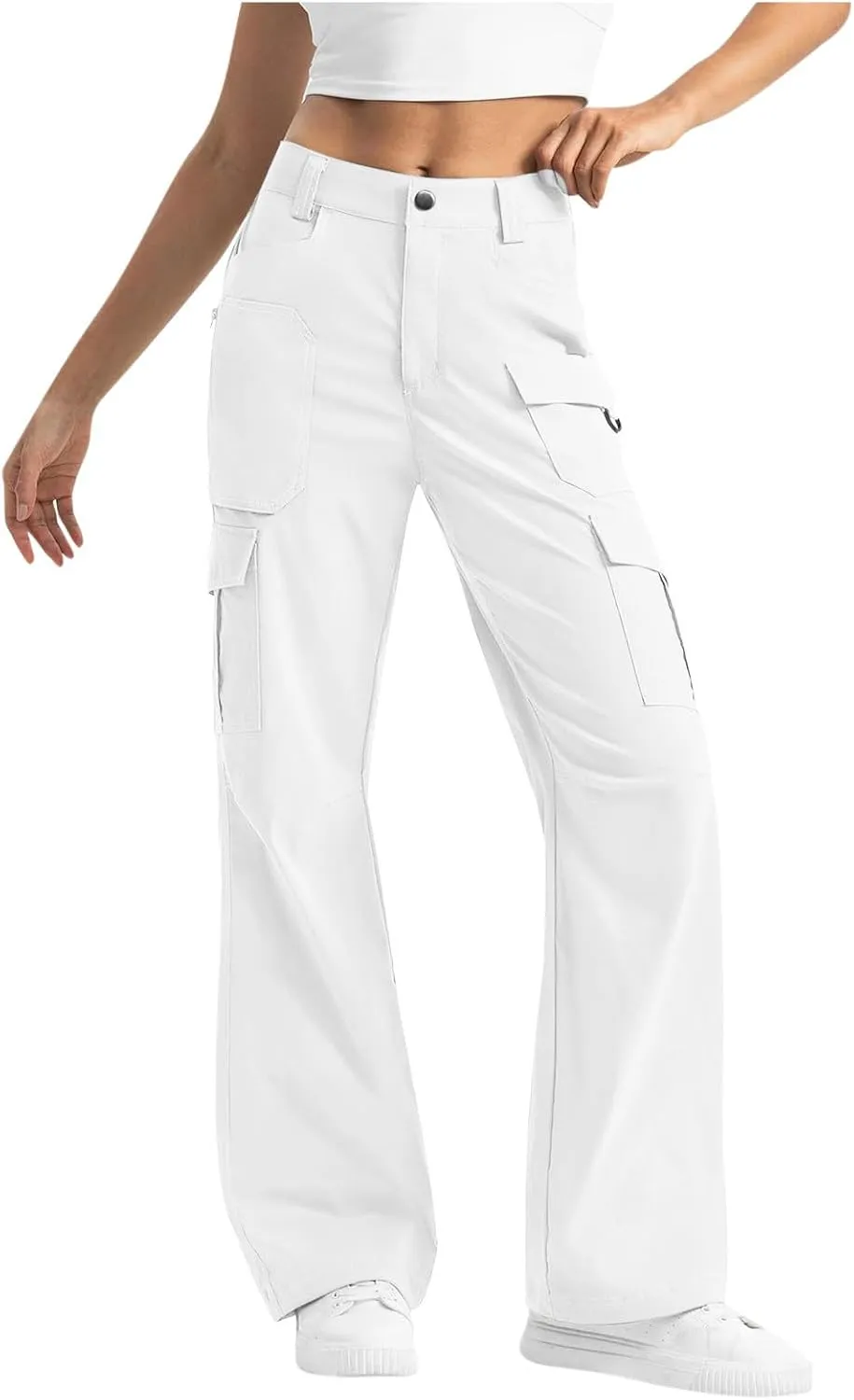 Women Dressy Cargo Pants Button High Waist Wide Leg Work Pant Lightweight Casual Outdoor Hiking Trouser with Pockets