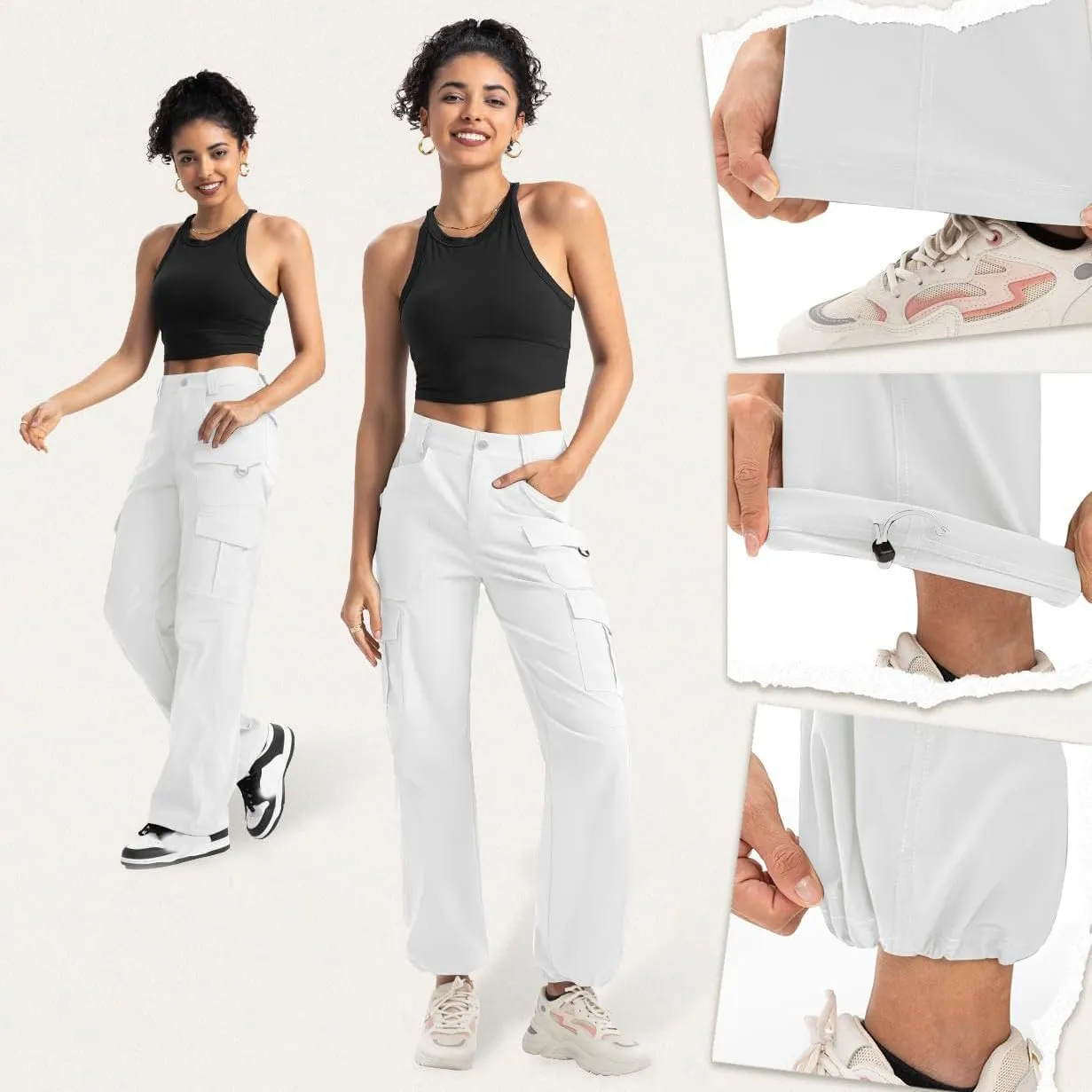 Women Dressy Cargo Pants Button High Waist Wide Leg Work Pant Lightweight Casual Outdoor Hiking Trouser with Pockets