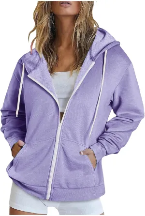 Women Fall Oversized Hoodies Solid Color Sweatshirts Full-Zipper Long Sleeve Pullover Tops with Pockets