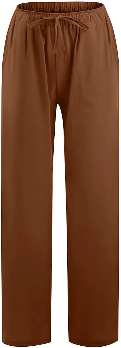 Women Flowy Pants Causal Summer Wide Leg Palazzo Pants High Waist Long Lounge Slacks Beach Trousers with Pockets