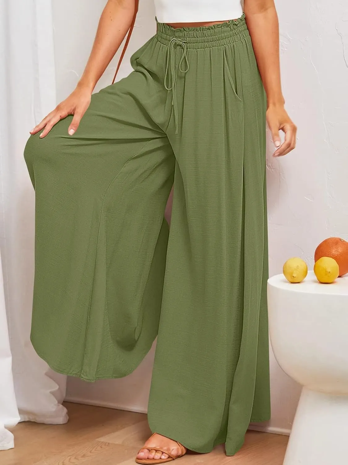 Women High Waist Casual Wide Leg Long Palazzo Pants Trousers Solid Color Drawstring Pants Beach Vacation Clothes