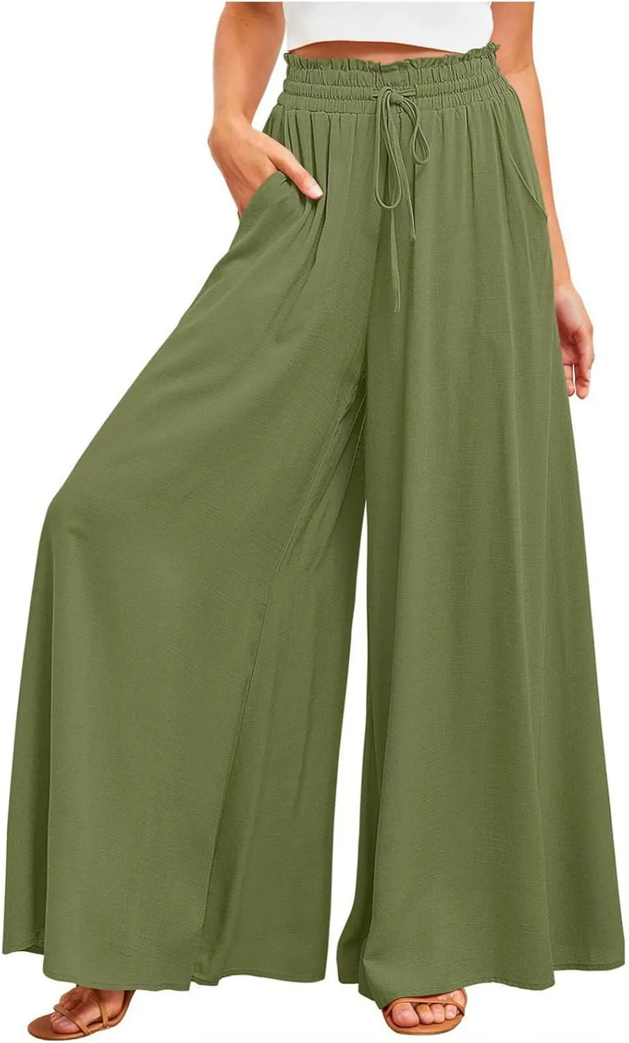 Women High Waist Casual Wide Leg Long Palazzo Pants Trousers Solid Color Drawstring Pants Beach Vacation Clothes