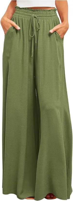 Women High Waist Casual Wide Leg Long Palazzo Pants Trousers Solid Color Drawstring Pants Beach Vacation Clothes