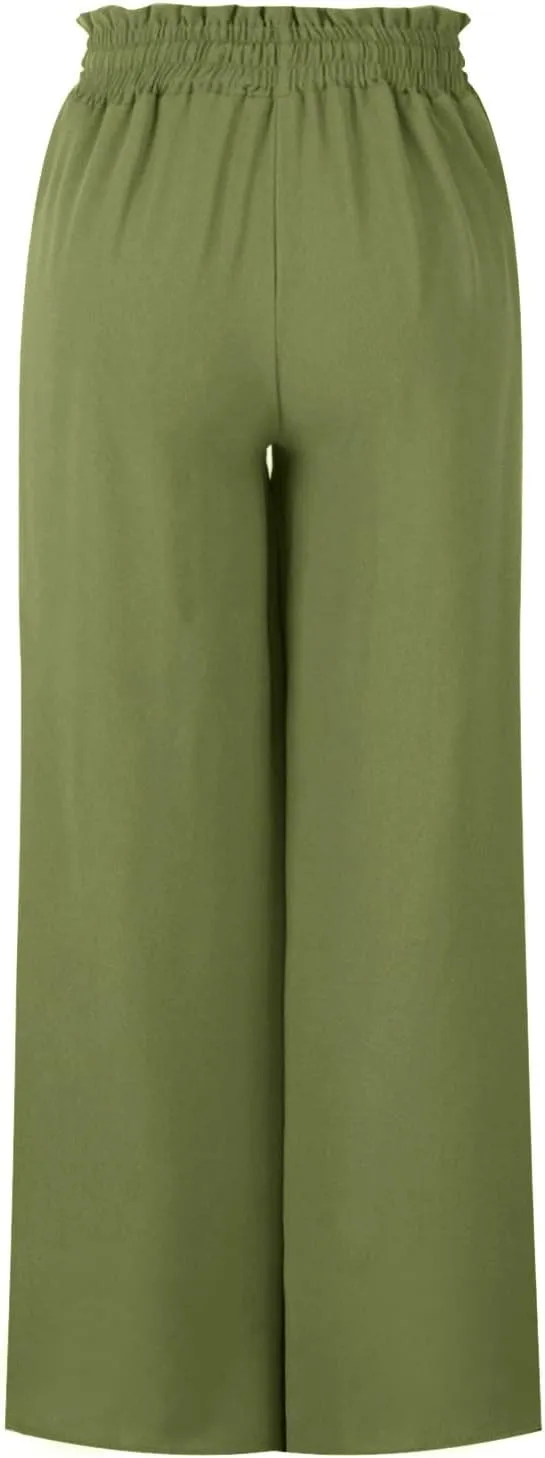 Women High Waist Casual Wide Leg Long Palazzo Pants Trousers Solid Color Drawstring Pants Beach Vacation Clothes