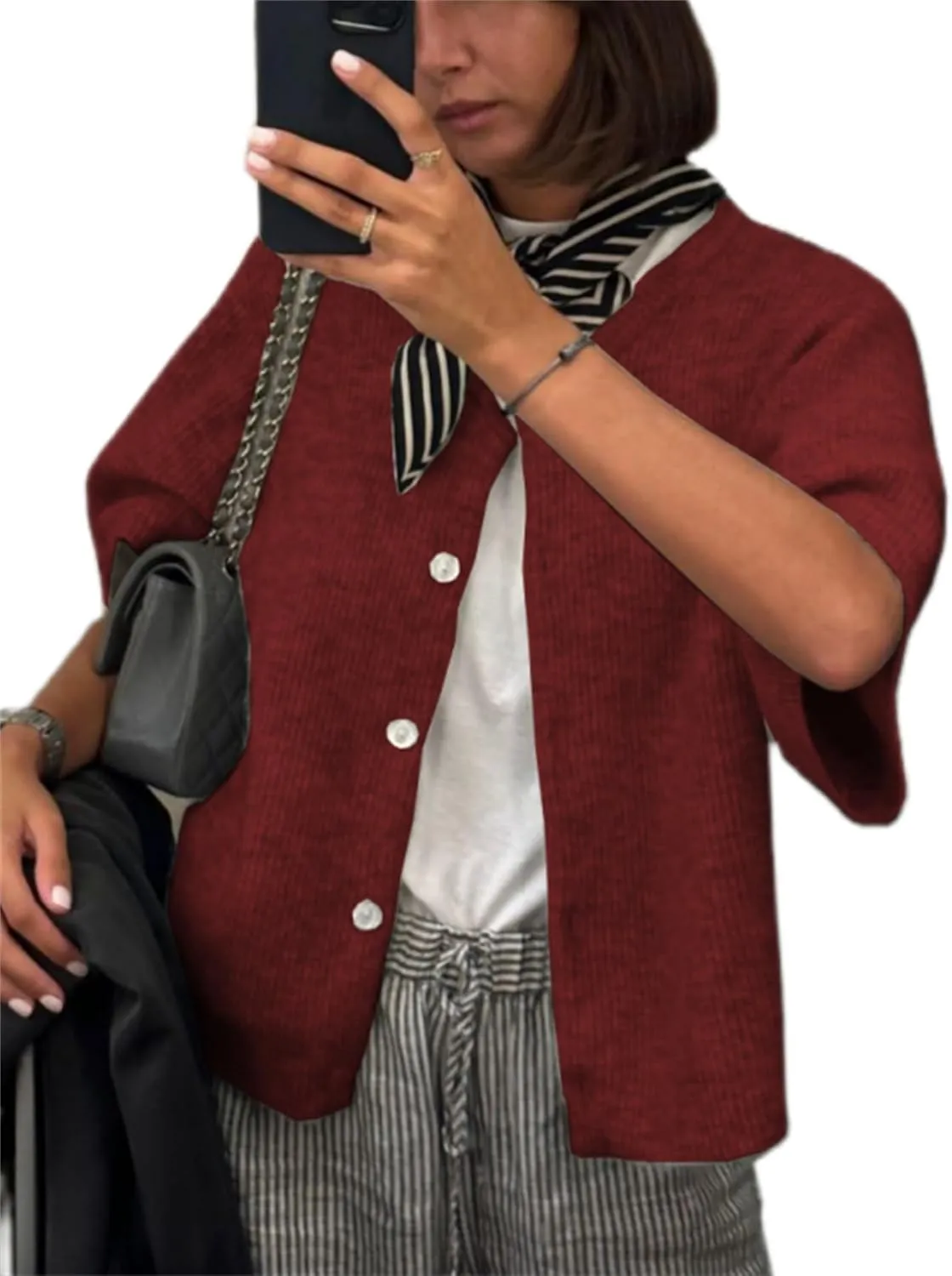 Women Knitted Crop Cardigan Sweater Short Sleeve Button Down Ribbed Knit Crop Top Blouse Y2k Pullover Tee Tops