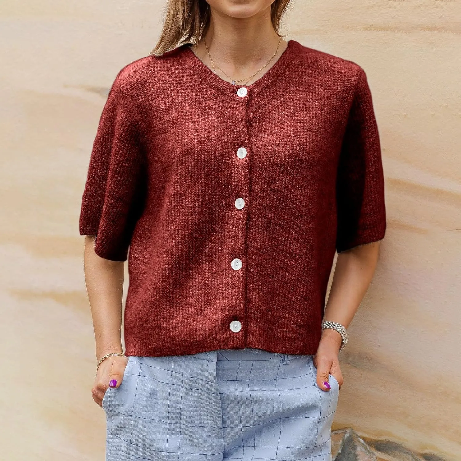 Women Knitted Crop Cardigan Sweater Short Sleeve Button Down Ribbed Knit Crop Top Blouse Y2k Pullover Tee Tops