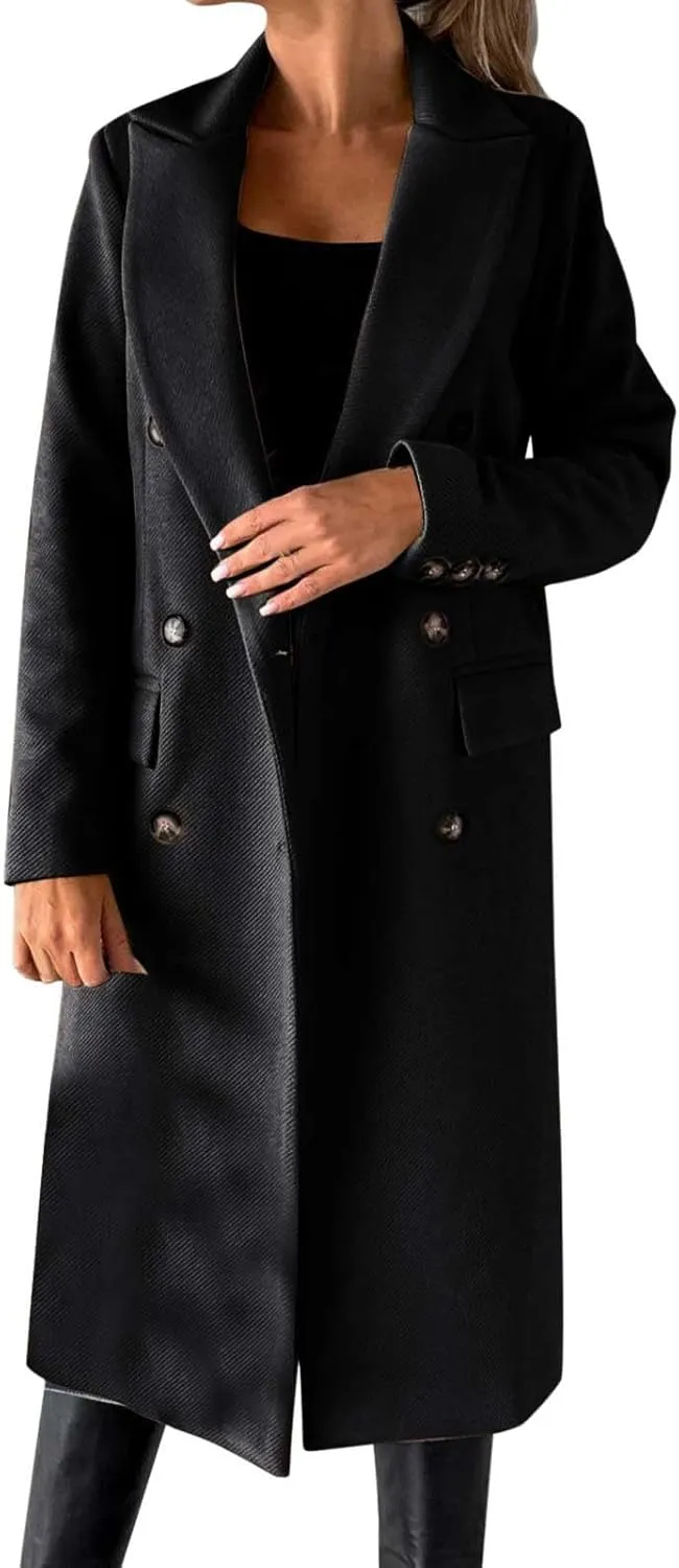 Women Length Trench Notched Lapel Double Breasted Casual Coat Winter Thermal Business Office Work Outwear with Pocket