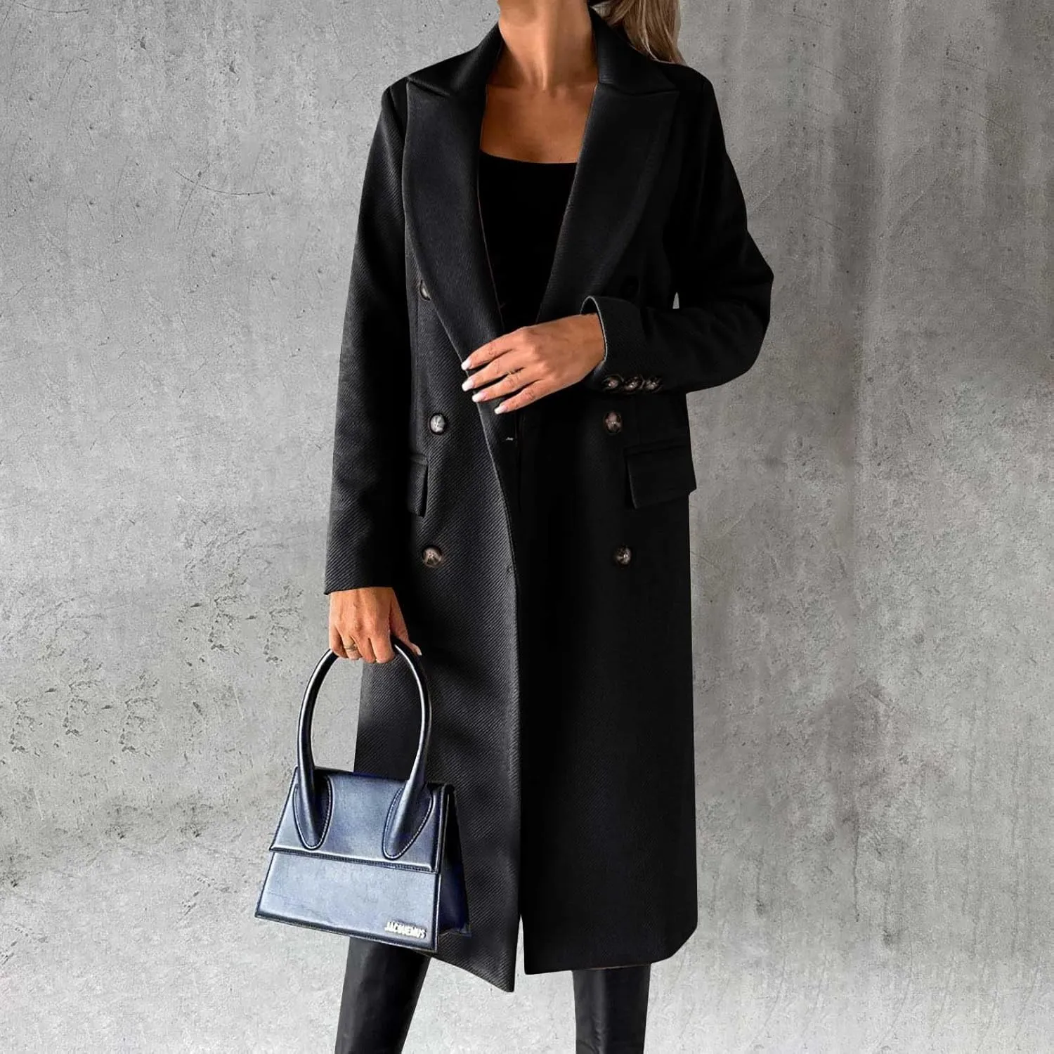 Women Length Trench Notched Lapel Double Breasted Casual Coat Winter Thermal Business Office Work Outwear with Pocket