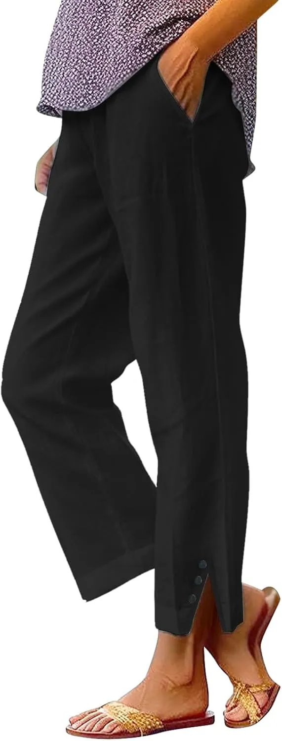 Women Linen Pants Solid Elastic Pants Long Drawstring Linen Women Waist Cotton Casual Slit Trouser Legs Slacks for