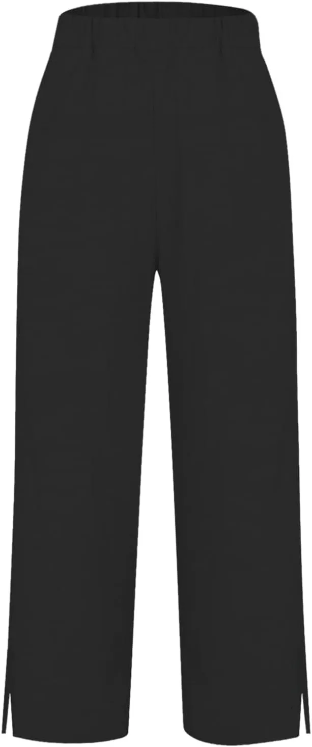 Women Linen Pants Solid Elastic Pants Long Drawstring Linen Women Waist Cotton Casual Slit Trouser Legs Slacks for