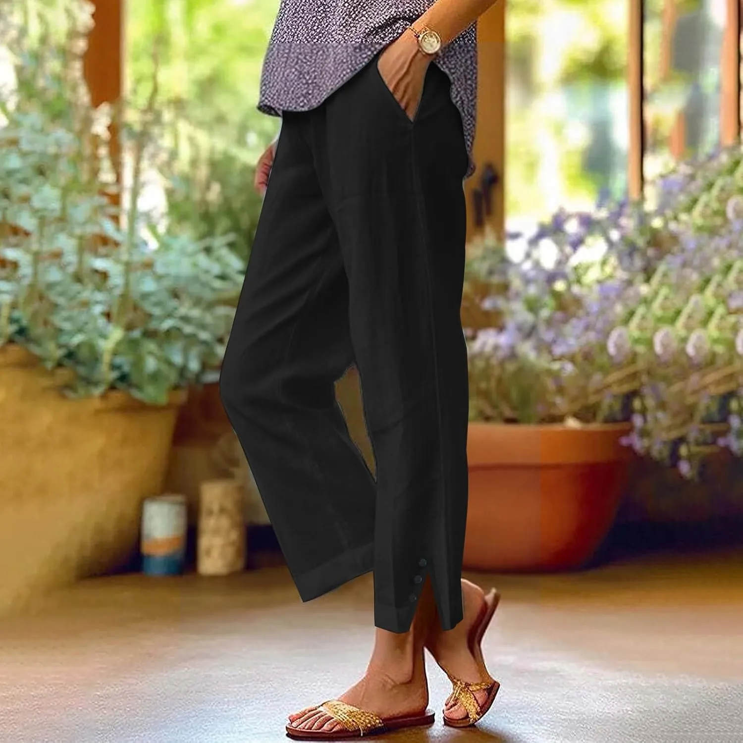 Women Linen Pants Solid Elastic Pants Long Drawstring Linen Women Waist Cotton Casual Slit Trouser Legs Slacks for