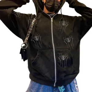 Women Men Zip Up Y2k Oversized Hoodie Spider Graphic Full Zipper Sweatshirt Teen Girls Grunge Streetwear Jacket