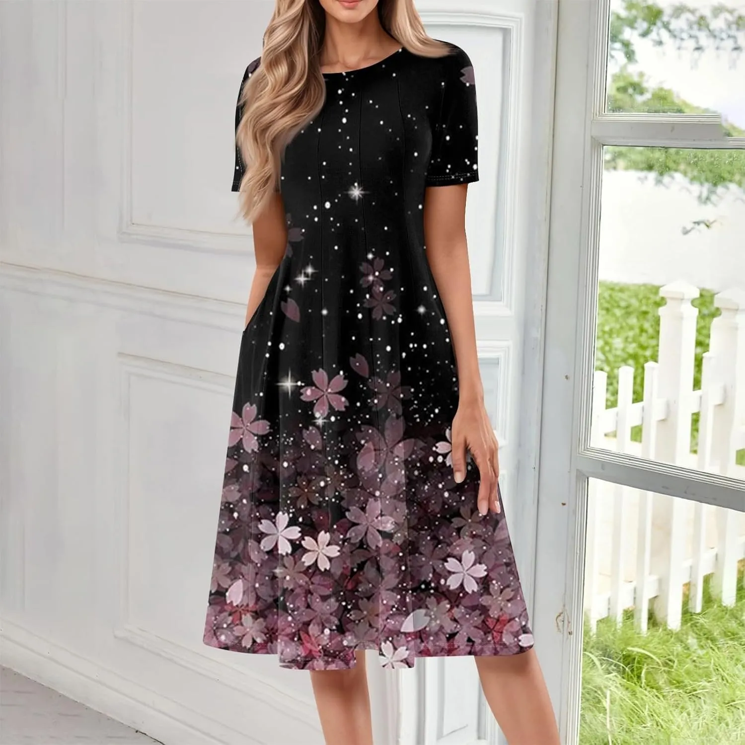 Women Midi Dresses Summer Casual Midi Dress 2025 Short Sleeve A-Line T-Shirt Flowy Beach Sundress with Pockets