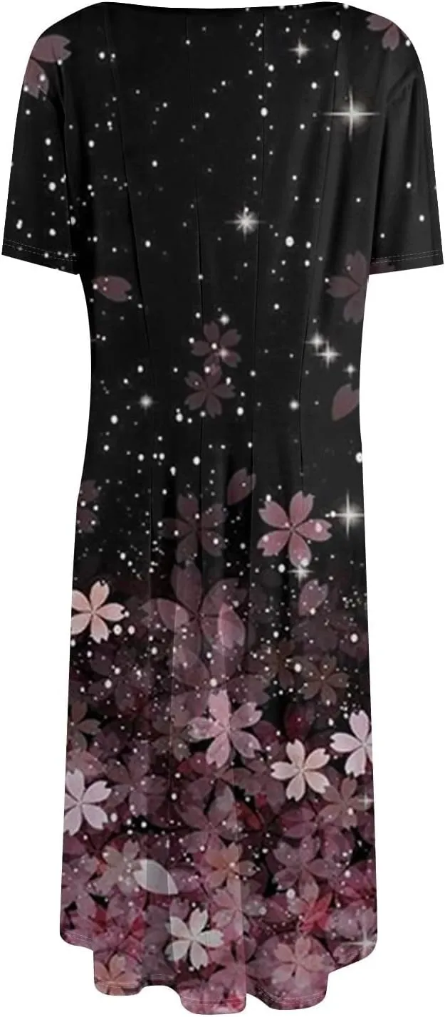 Women Midi Dresses Summer Casual Midi Dress 2025 Short Sleeve A-Line T-Shirt Flowy Beach Sundress with Pockets