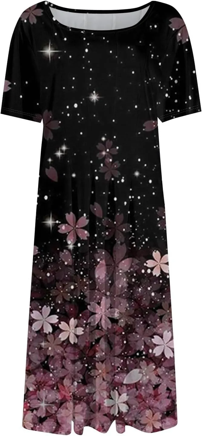 Women Midi Dresses Summer Casual Midi Dress 2025 Short Sleeve A-Line T-Shirt Flowy Beach Sundress with Pockets