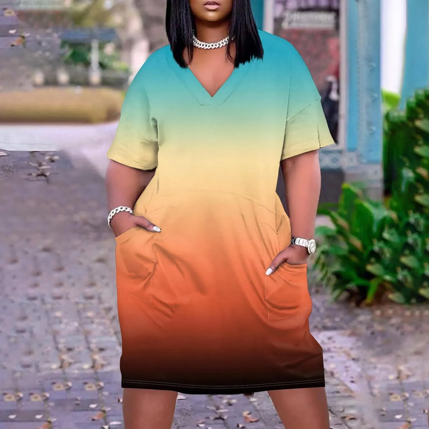 Women Plus Size Hawaiian Dress Summer V Neck Short Sleeve Gradient Print Midi T Shirt Dresses with Pockets, L-5XL