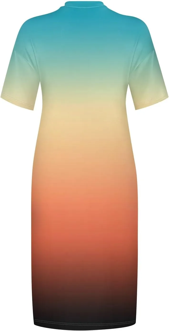 Women Plus Size Hawaiian Dress Summer V Neck Short Sleeve Gradient Print Midi T Shirt Dresses with Pockets, L-5XL