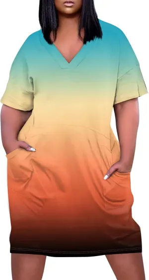 Women Plus Size Hawaiian Dress Summer V Neck Short Sleeve Gradient Print Midi T Shirt Dresses with Pockets, L-5XL