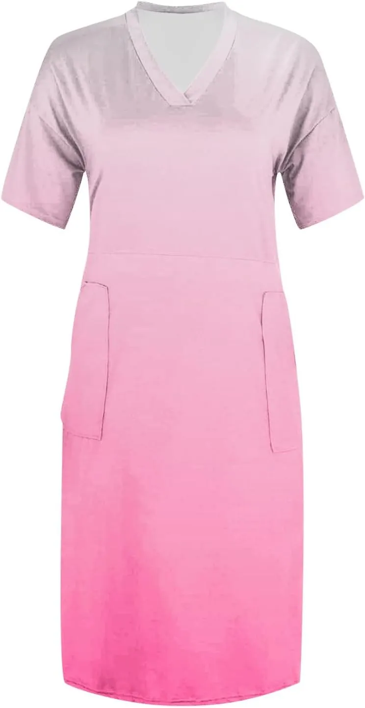 Women Plus Size Short Sleeve Dress Summer Casual Midi Tshirt Dresses V Neck Trendy Loose Sundresses with Pockets