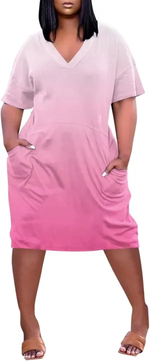 Women Plus Size Short Sleeve Dress Summer Casual Midi Tshirt Dresses V Neck Trendy Loose Sundresses with Pockets