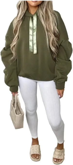 Women Ruched Sleeve Pullover Hoodie With Ribbon Ladies Oversized Hooded Sweatshirt