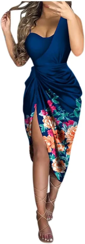 Women Spring Fashion, Women's Solid Color Sexy Sequin Slit Maxi Smocked One Shoulder Evening Dress