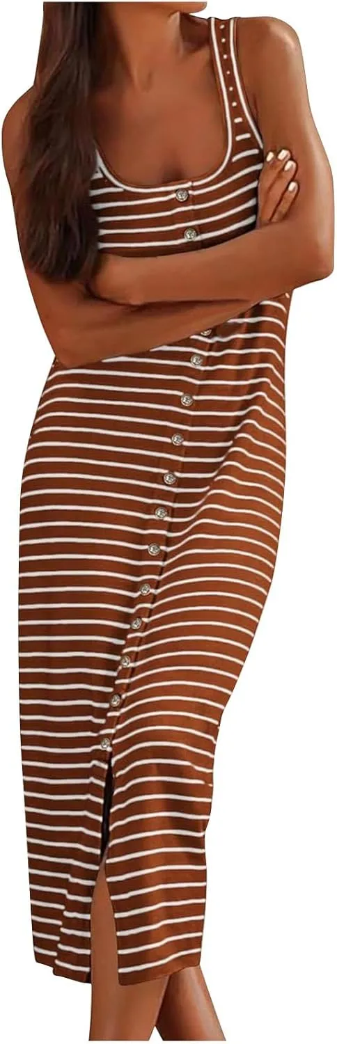 Women Striped Midi Dresses Sleeveless Scoop Neck Bodycon Dresses Button Down Casual Tank Dress Summer Sundress